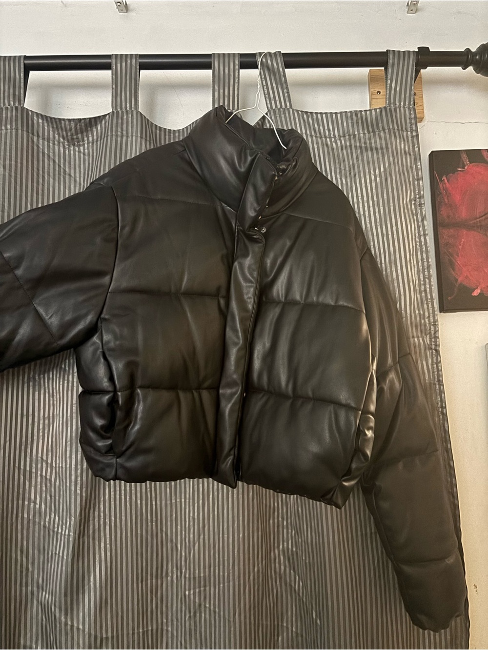 Zara Black Faux Leather Cropped Puffer Jacket